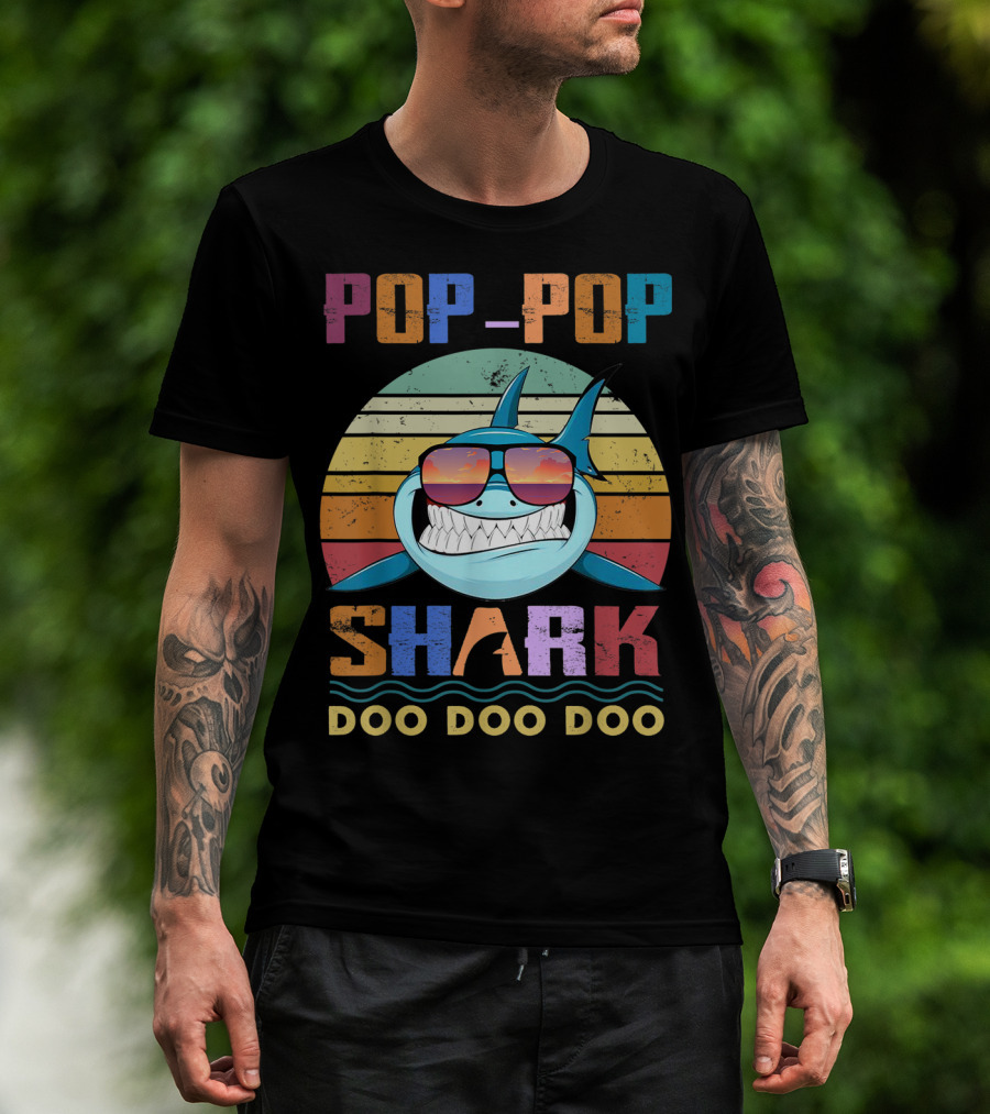 POP POP SHARK DOO DOO DOO Vintage Sunset Sunglasses Shark T-Shirt