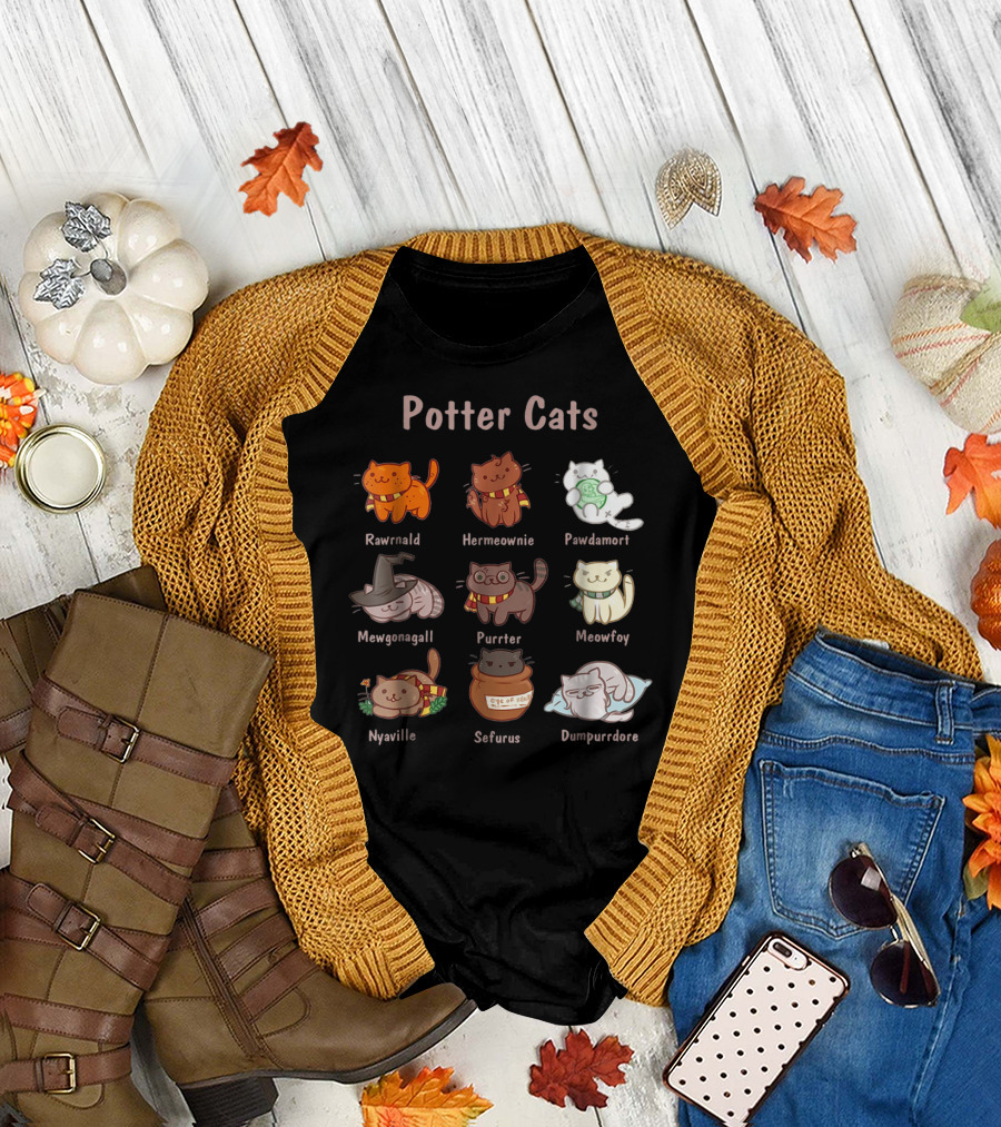 Potter Cats Rawrnald Hermeownie Pawdamort Mewgonagall Purrter Meowfoy Nyaville Sefurus Dumpurrdore Funny Cat Lovers T-Shirt