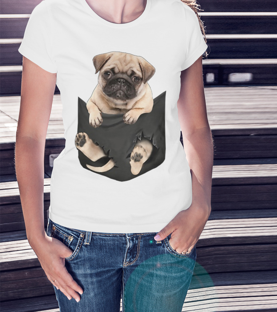 Pug Peeking Out Of Pocket With Paws Poking Through T-Shirt