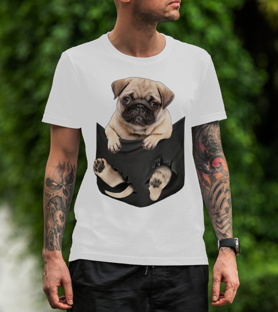 Pug Peeking Out Of Pocket With Paws Poking Through T-Shirt