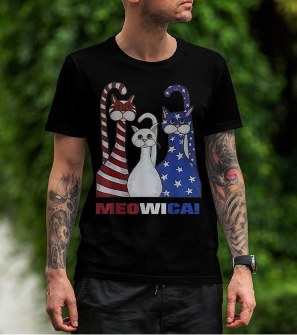 MEOWICA Red White Blue Cat American Flag Patriotic T-Shirt