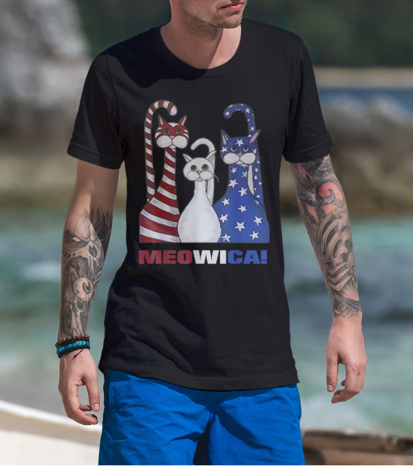 MEOWICA Red White Blue Cat American Flag Patriotic T-Shirt