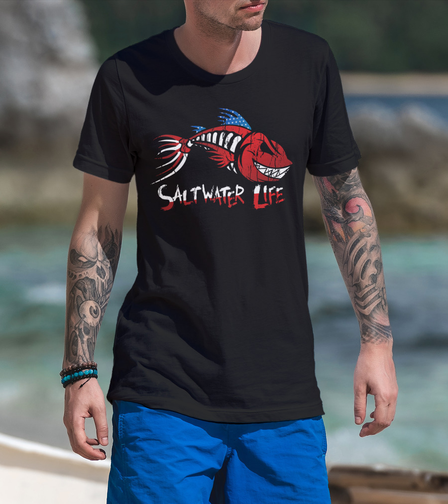 Saltwater Life American Flag Fish Skeleton T-Shirt