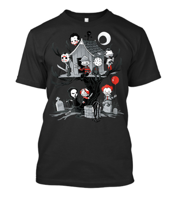 ShirtWoot Horror Clubhouse Icons In Treehouse With Figures And Moon T-Shirt