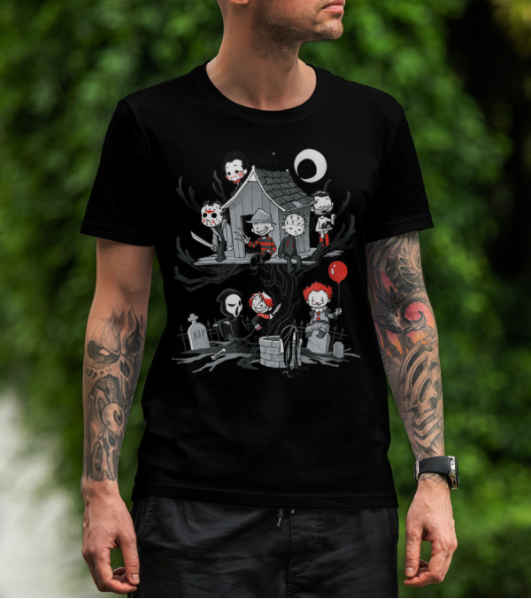 ShirtWoot Horror Clubhouse Icons In Treehouse With Figures And Moon T-Shirt