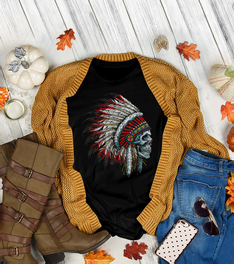 Skull Native Indian Chief Eagle Feather Headdress Vintage American T-Shirt