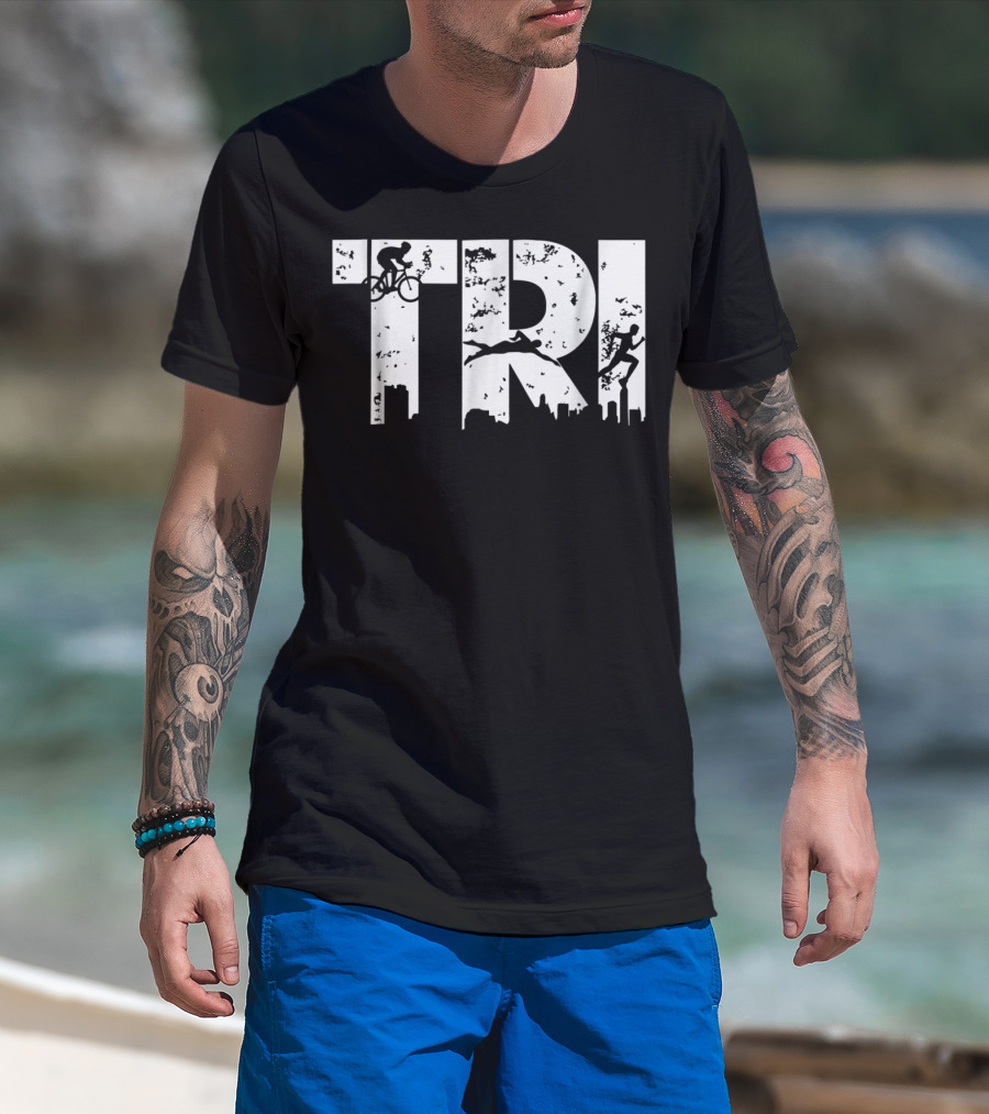 Triathlon Endurance Sports Triathlete Cycling Swimming Running Skyline T-Shirt