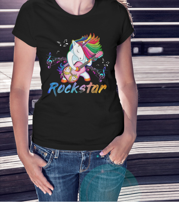 Unicorn Rockstar Rainbow Guitar Music Notes T-Shirt