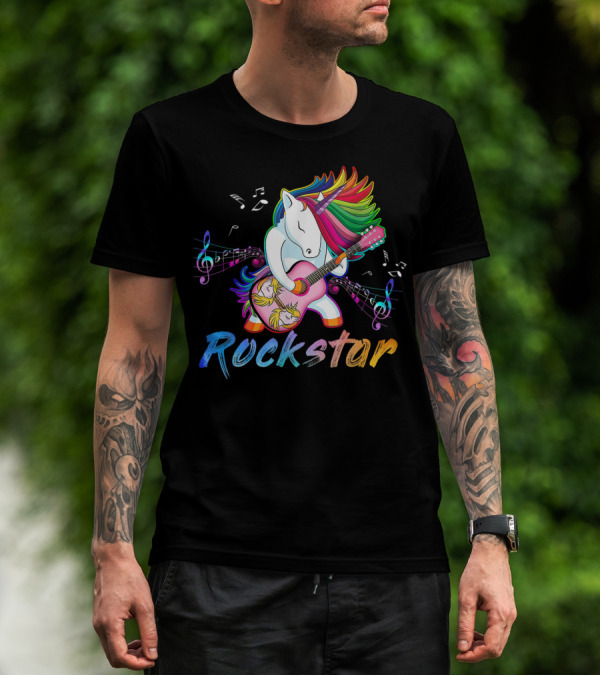 Unicorn Rockstar Rainbow Guitar Music Notes T-Shirt