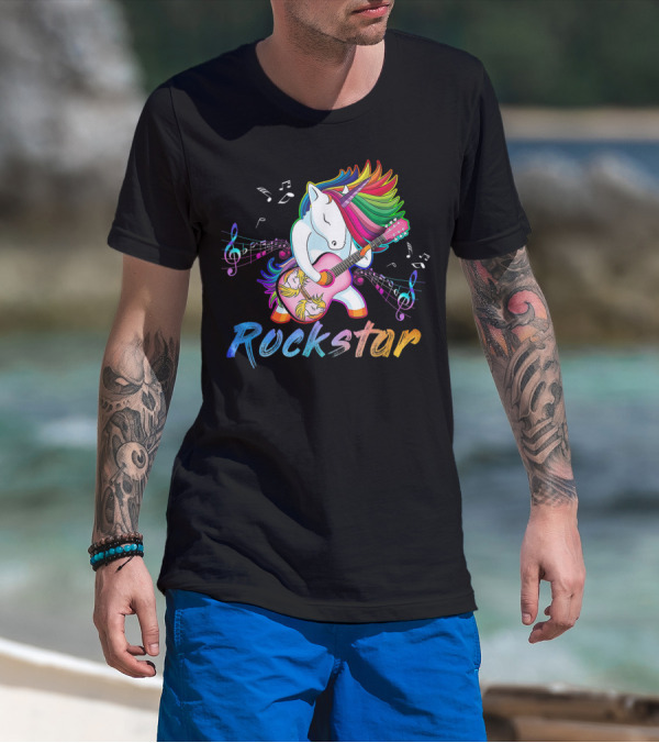 Unicorn Rockstar Rainbow Guitar Music Notes T-Shirt