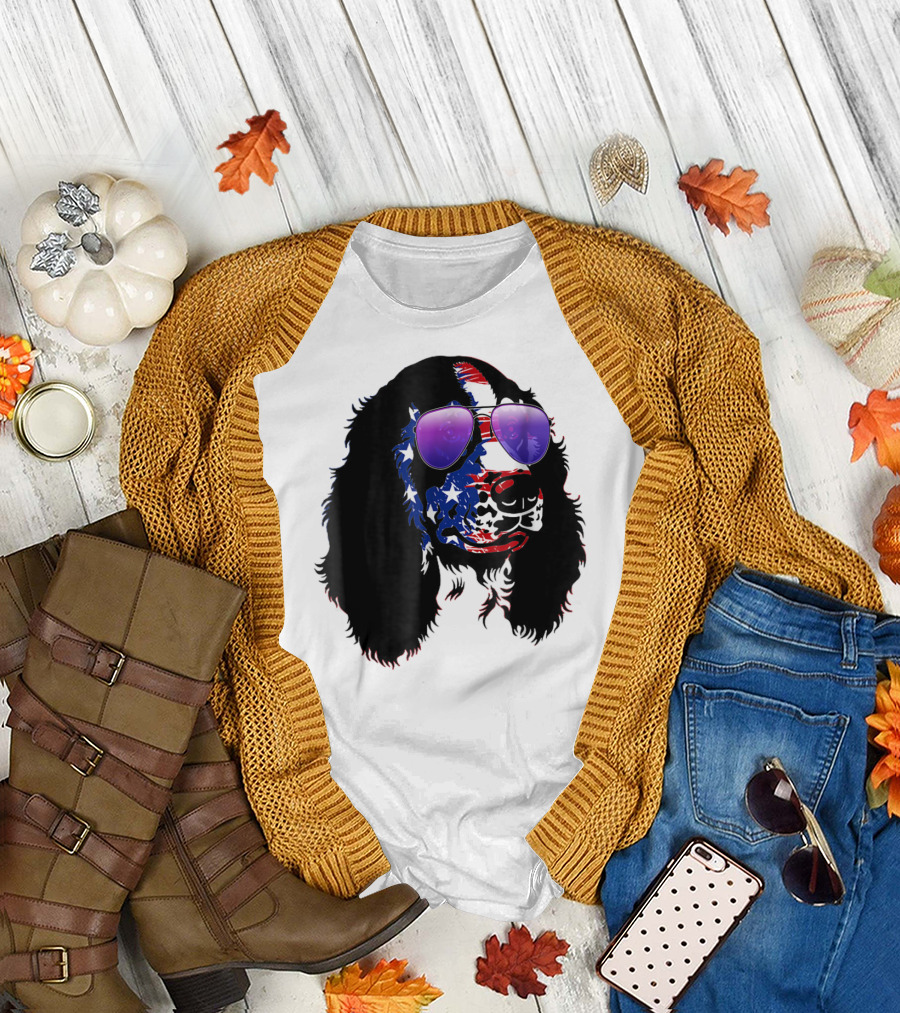 US Flag English Springer Spaniel with Sunglasses T-Shirt