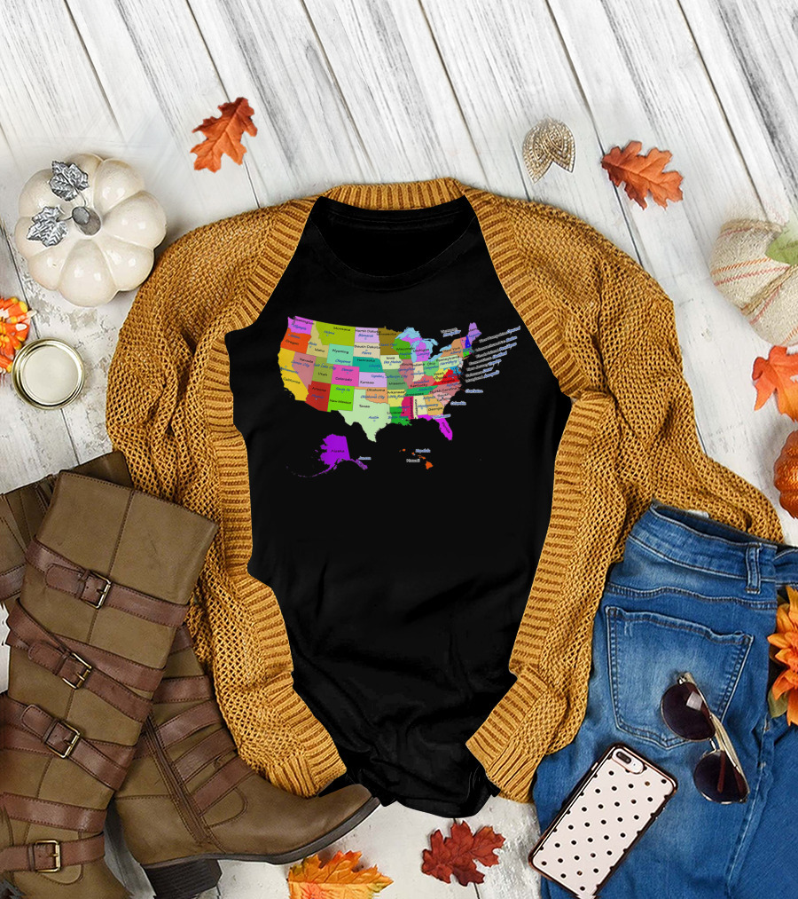 USA Map Displaying States and Capital Cities in Vibrant Colors T-Shirt