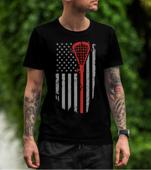 Vintage American Flag Lacrosse Stick Youth USA Patriotic T-Shirt