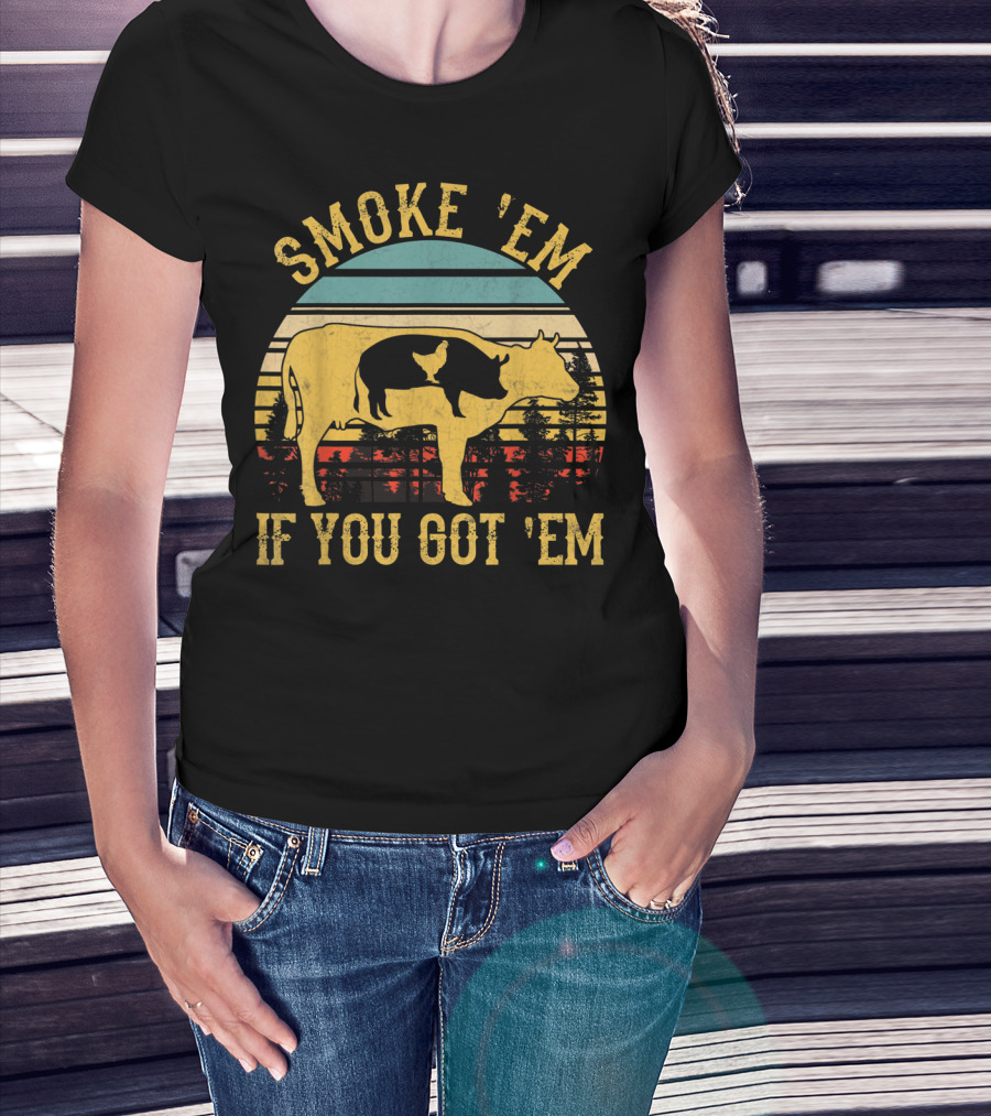 Smoke 'Em If You Got 'Em Vintage BBQ Grilling Cow Silhouette Retro Sunset T-Shirt