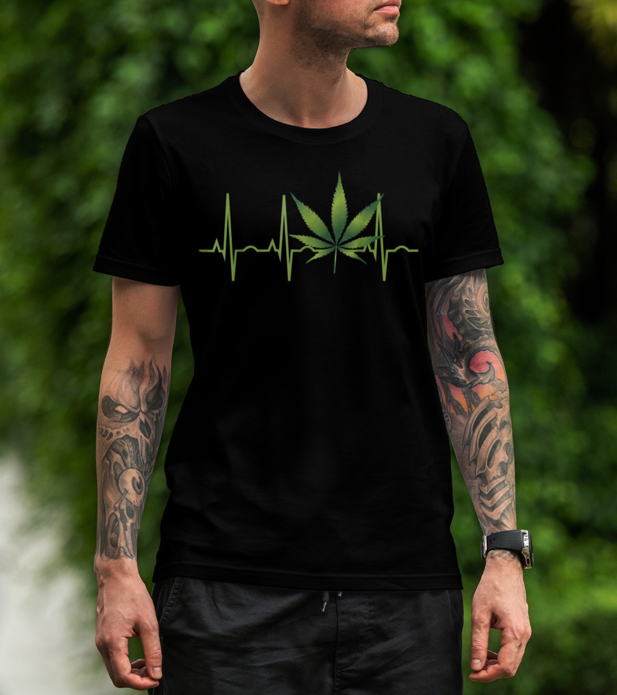 Weed Marijuana Leaf Heartbeat EKG Line T-Shirt