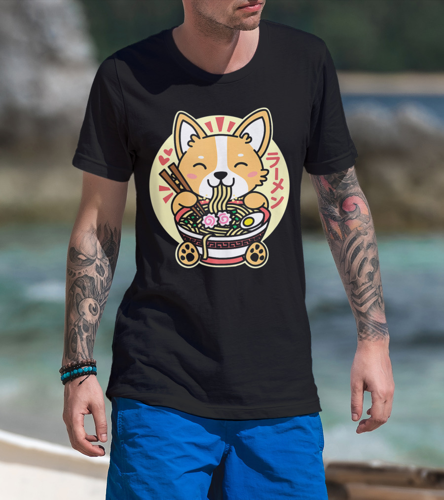 Kawaii Corgi Ramen Cute Anime Dog Japanese Noodles T-Shirt