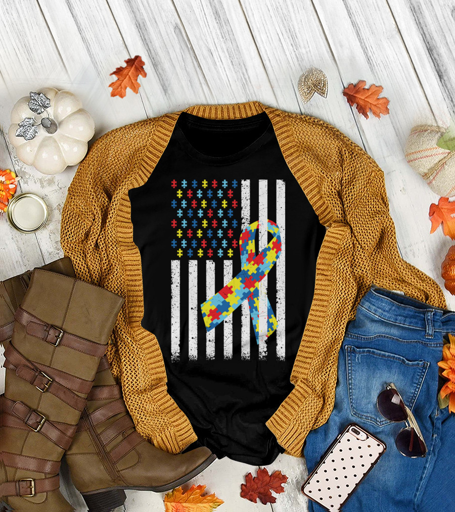 American Flag Jigsaw Puzzle Ribbon Autism Awareness T-Shirt