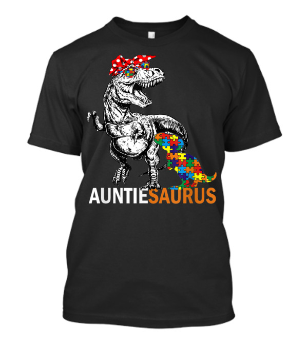 Auntie Saurus Autism Awareness Dinosaur With Puzzle Pieces And Bow T-Shirt