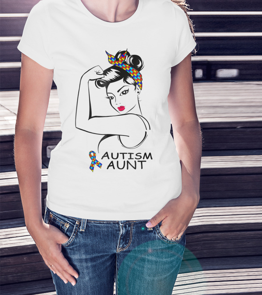 Autism Aunt Strong Awareness Rosie Bandana Puzzle T-Shirt