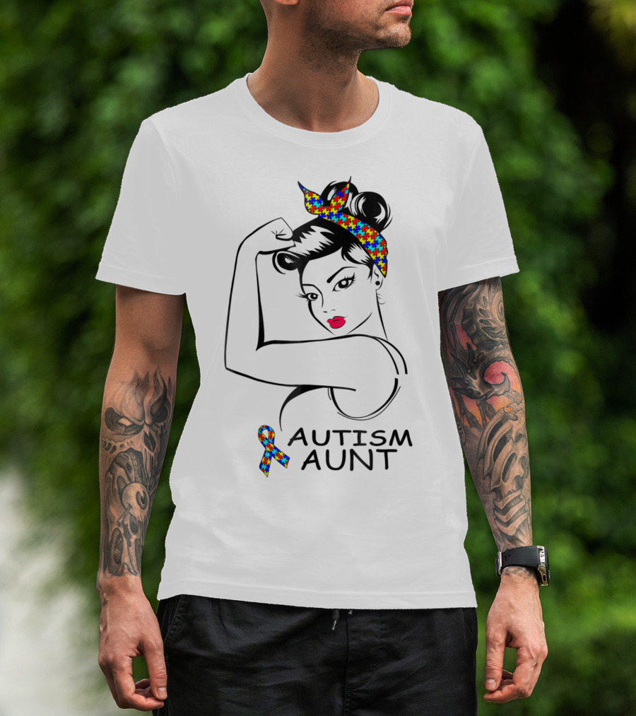 Autism Aunt Strong Awareness Rosie Bandana Puzzle T-Shirt
