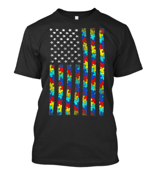 Autism Awareness Puzzle Piece American Flag T-Shirt