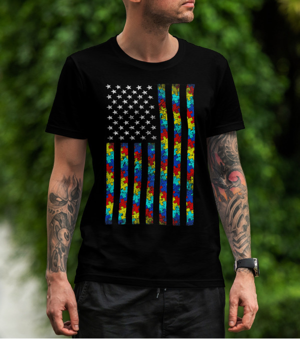 Autism Awareness Puzzle Piece American Flag T-Shirt