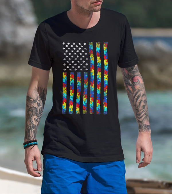 Autism Awareness Puzzle Piece American Flag T-Shirt