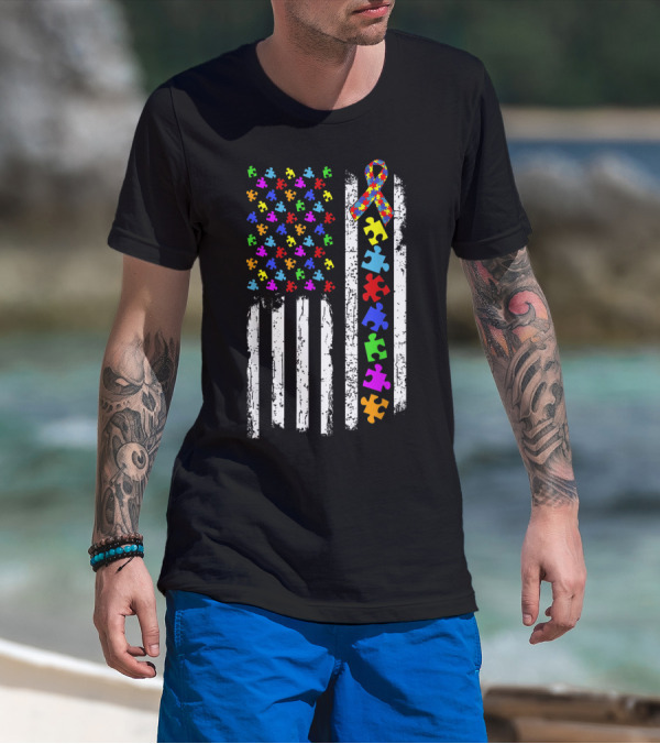 Autism Awareness Puzzle Piece Ribbon American Flag T-Shirt