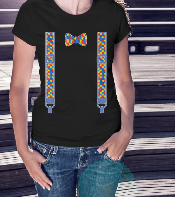 Autism Awareness Puzzle Piece Bow Tie And Suspenders T-Shirt