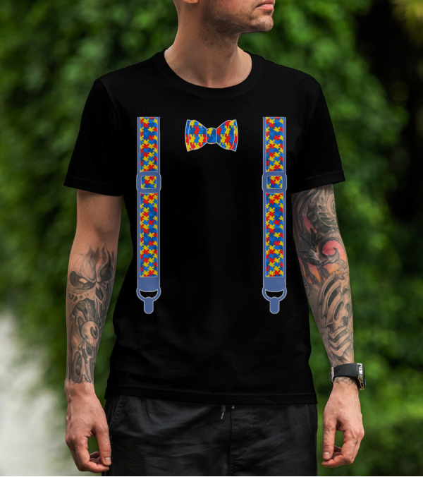 Autism Awareness Puzzle Piece Bow Tie And Suspenders T-Shirt