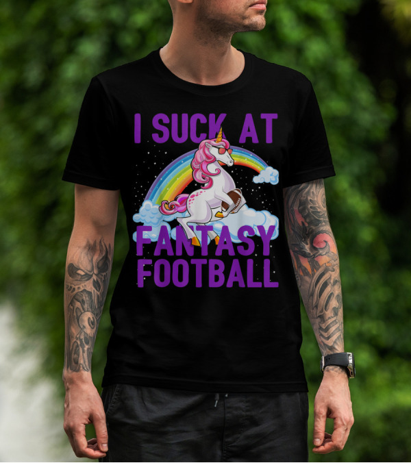 I Suck At Fantasy Football Unicorn Rainbow Loser With Football On Clouds T-Shirt