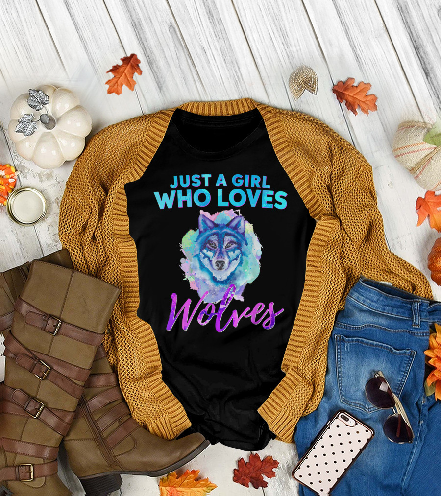 Just A Girl Who Loves Wolves Watercolor Wolf Colorful T-Shirt