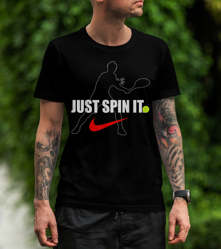 Just Spin It Funny Lawn Tennis Silhouette With Red Swoosh And Tennis Ball T-Shirt