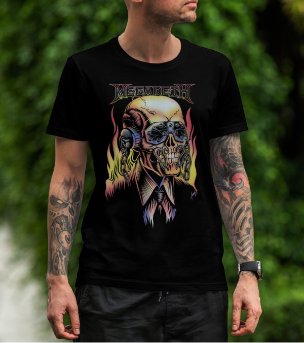 Megadeth Vic Rattlehead Flames Skull T-Shirt