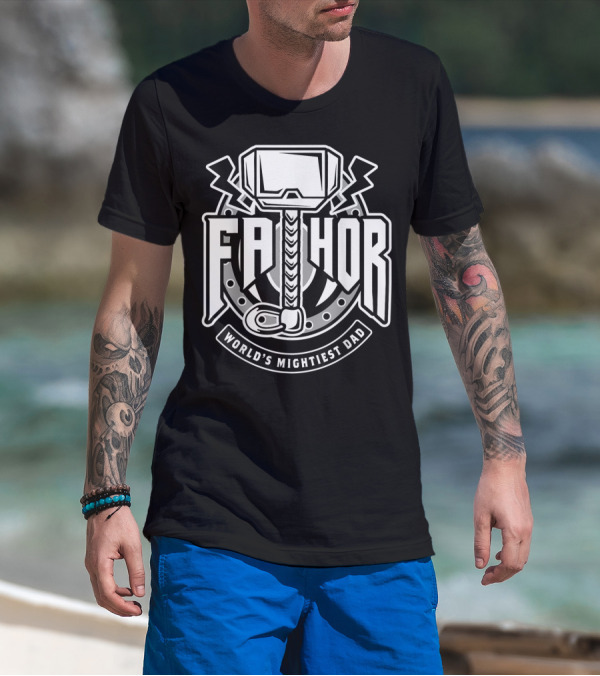 Mens Fathor World's Mightiest Dad Funny Cool Vik Hammer And Lightning T-Shirt