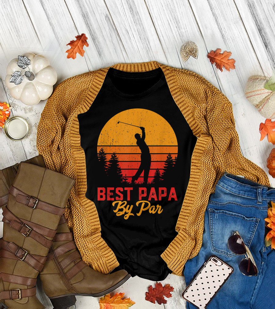 Mens Funny Father's Day Best Papa By Par Golf Silhouette Sunset T-Shirt