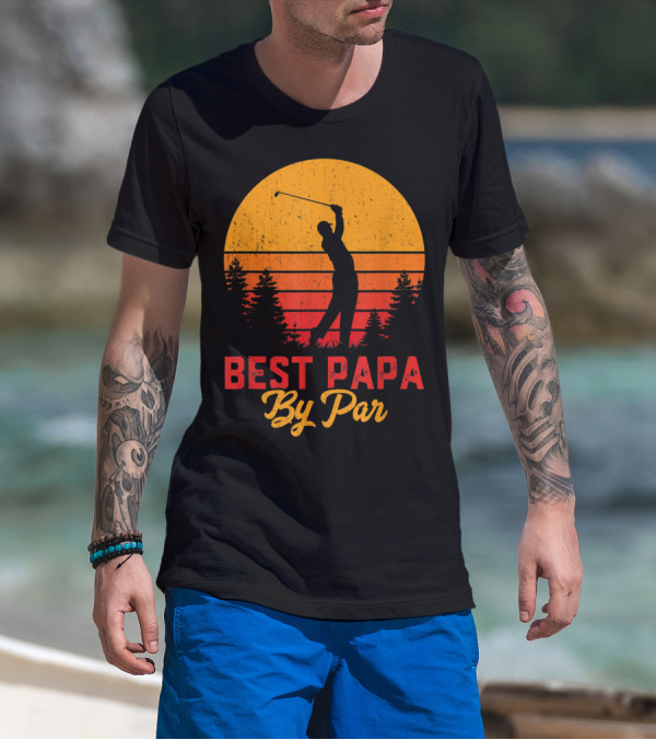 Mens Funny Father's Day Best Papa By Par Golf Silhouette Sunset T-Shirt