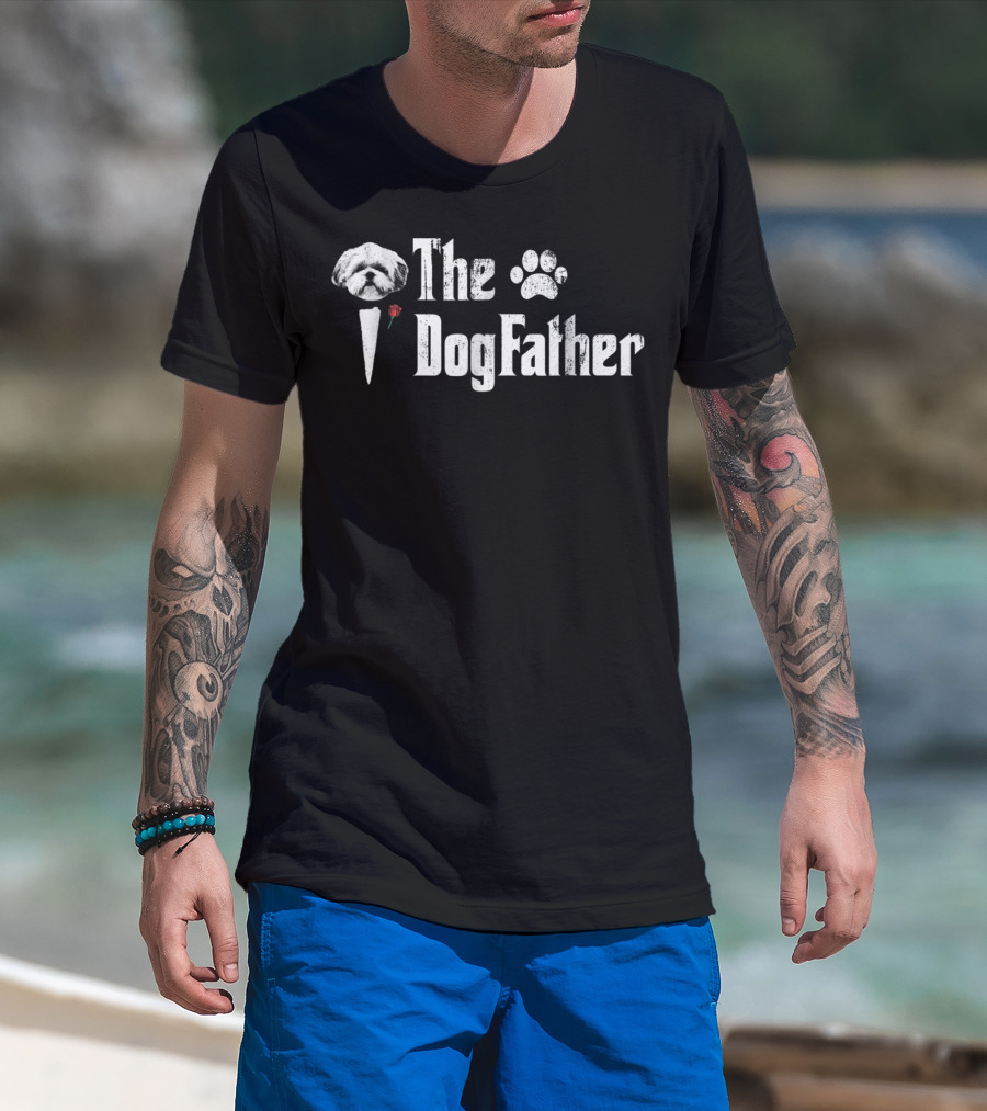 The Dogfather Shih Tzu Dog Dad Father With Rose And Paw Elements T-Shirt