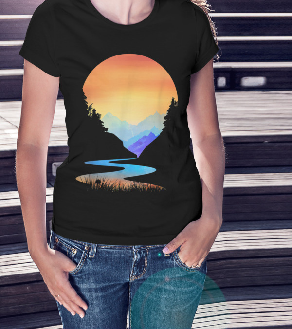 Outdoor Sunset Vintage Style Mountains Sun Nature River Landscape T-Shirt