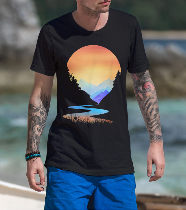 Outdoor Sunset Vintage Style Mountains Sun Nature River Landscape T-Shirt