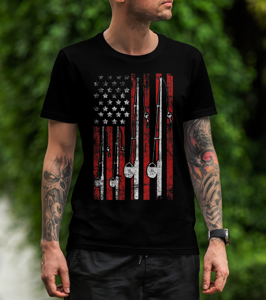 Vintage American Flag Fishing Poles T-Shirt