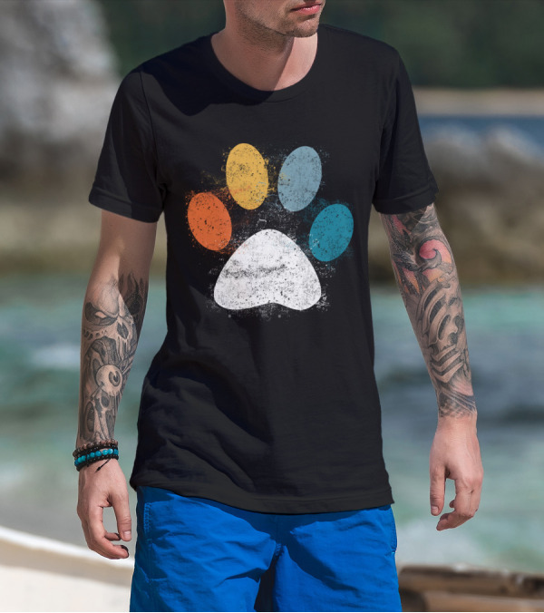 Vintage Distressed Multi-Color Dog Paw Print Love T-Shirt