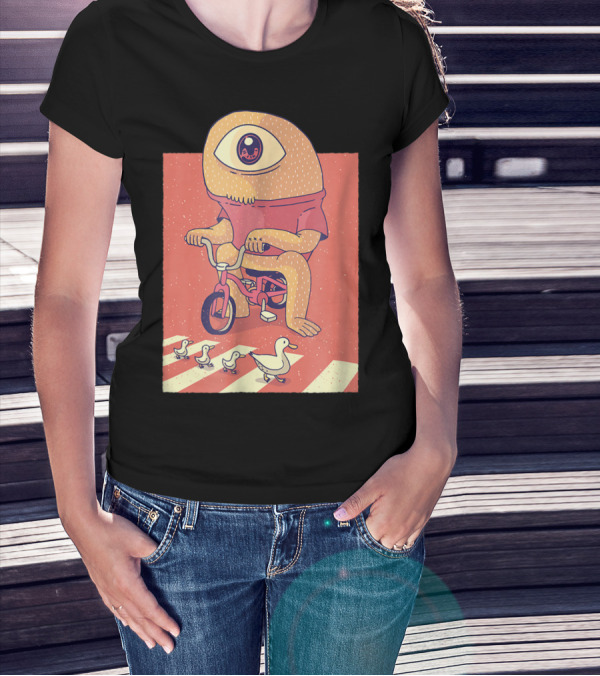 Vintage Japanese Cyclops Riding Bicycle With Ducklings Crossing T-Shirt