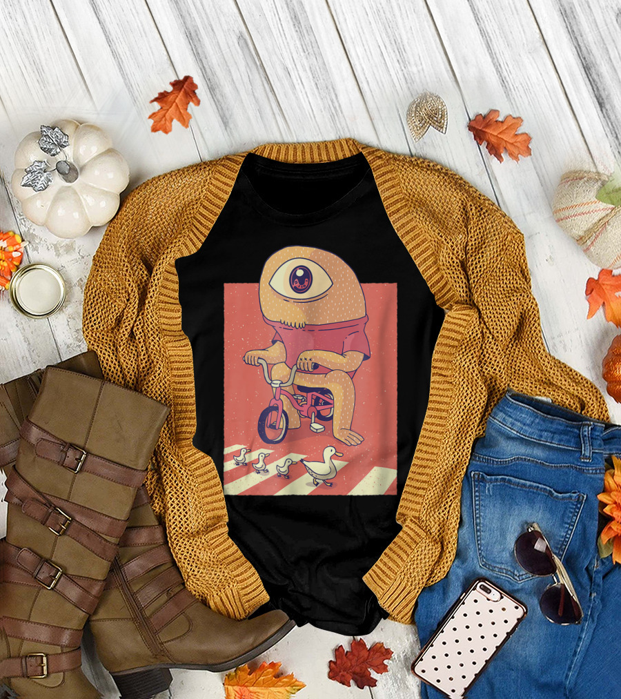 Vintage Japanese Cyclops Riding Bicycle with Ducklings Crossing T-Shirt