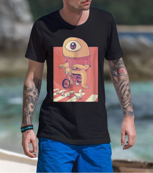 Vintage Japanese Cyclops Riding Bicycle With Ducklings Crossing T-Shirt