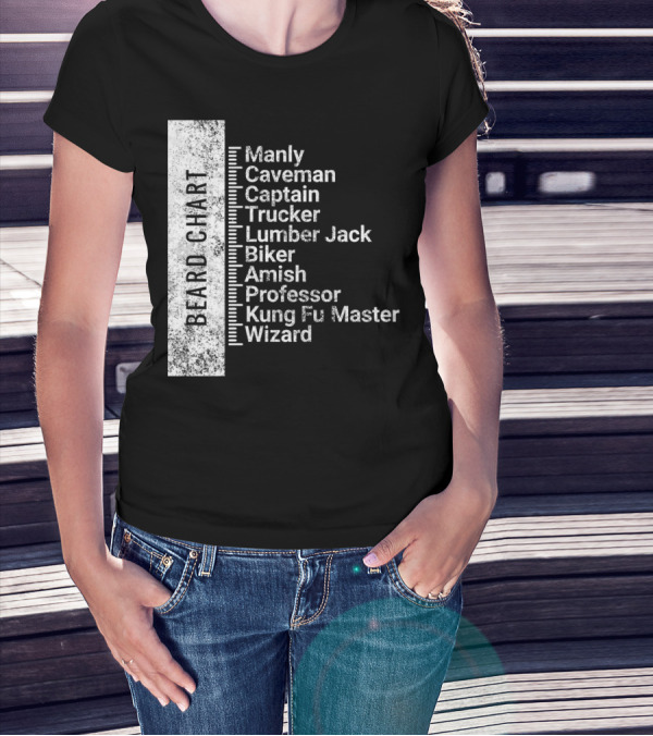 Beard Chart Manly Caveman Captain Trucker Lumberjack Biker Amish Professor Kung Fu Master Wizard T-Shirt