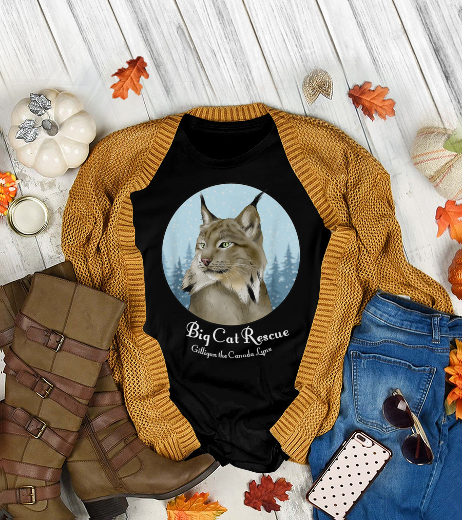 Big Cat Rescue Gilligan the Canada Lynx Snowy Forest Background T-Shirt