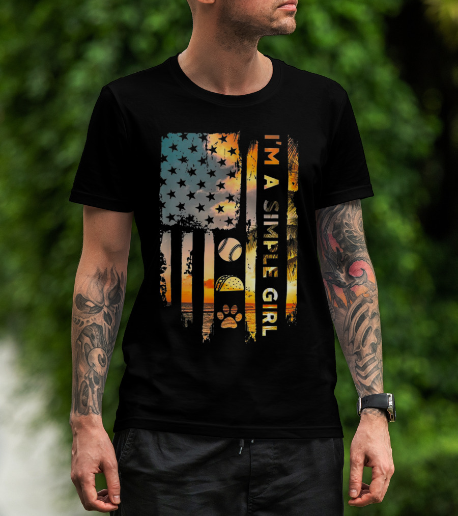 I'm A Simple Girl American Flag Softball Tacos Dogs Sunset T-Shirt