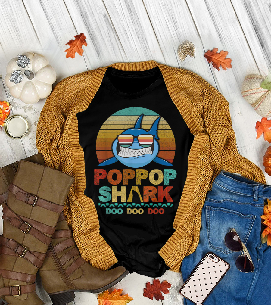 Poppop Shark Doo Doo Doo Retro Sunglasses Vintage Stripes T-Shirt