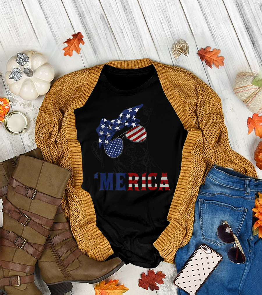'Merica Patriotic Stars and Stripes Pitbull with USA Flag Glasses T-Shirt